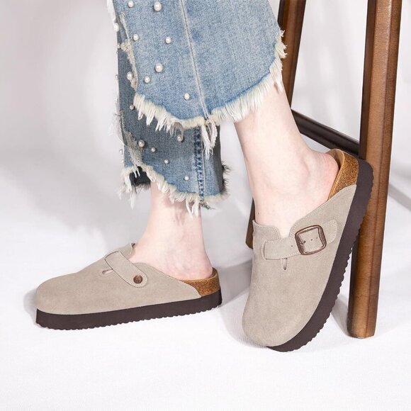 Women's Suede Platform Clogs Arch Support Casual Mules Indoor Outdoor - Picture 2 of 7